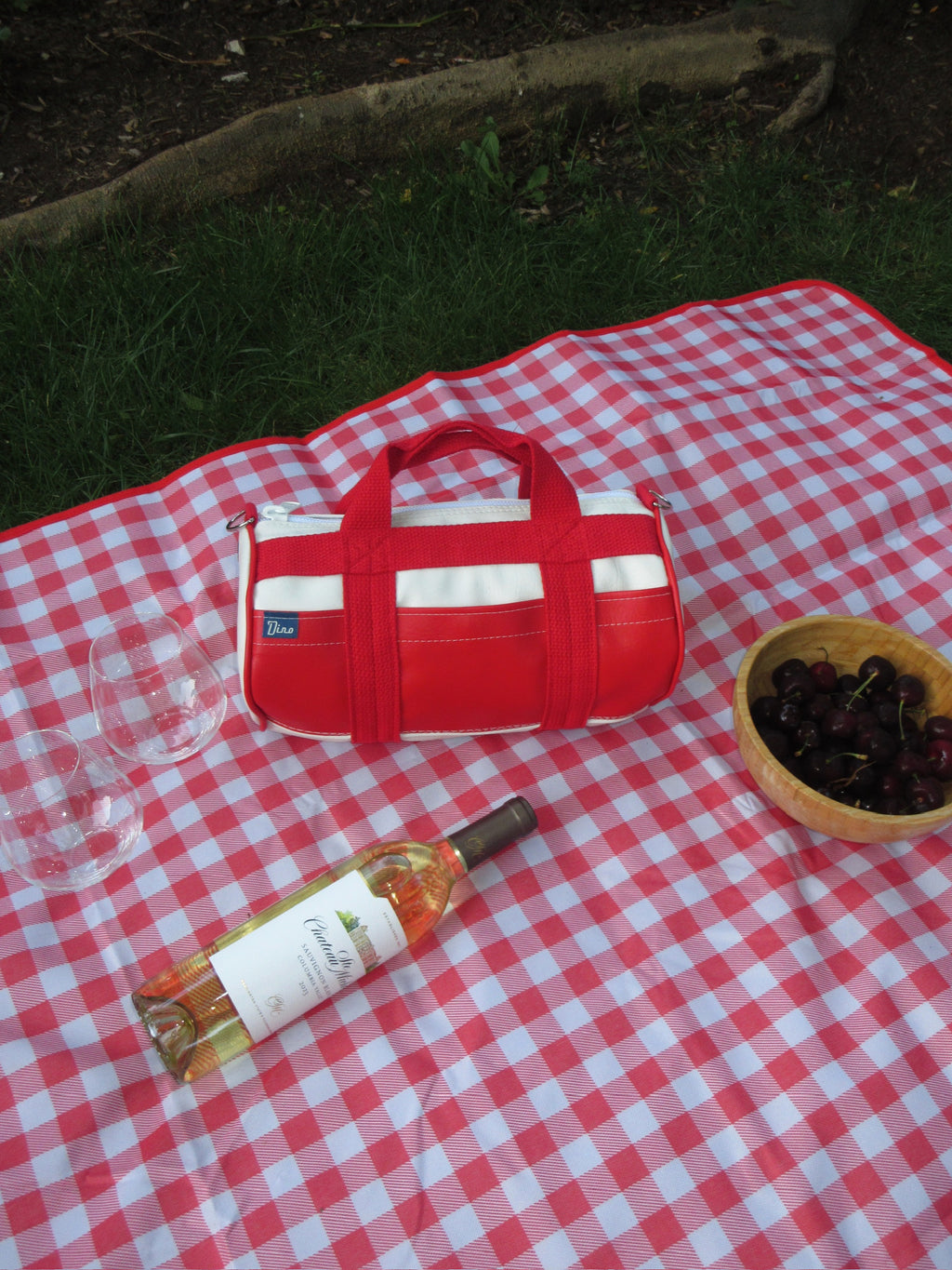 Parkside barrel duffel on red gingham picnic blanket with rosé and cherries